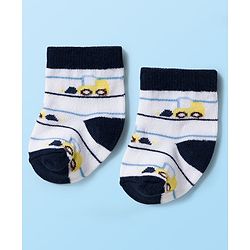 Cute Walk by Babyhug Knit Ankle Length Antibacterial Socks With Vehicle & Stripes Design Pack Of 3 - White & Blue