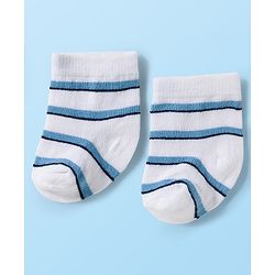 Cute Walk by Babyhug Knit Ankle Length Antibacterial Socks With Vehicle & Stripes Design Pack Of 3 - White & Blue