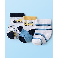 Cute Walk by Babyhug Knit Ankle Length Antibacterial Socks With Vehicle & Stripes Design Pack Of 3 - White & Blue