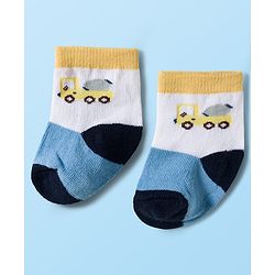 Cute Walk by Babyhug Knit Ankle Length Antibacterial Socks With Vehicle & Stripes Design Pack Of 3 - White & Blue