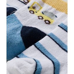Cute Walk by Babyhug Knit Ankle Length Antibacterial Socks With Vehicle & Stripes Design Pack Of 3 - White & Blue