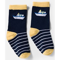 Cute Walk by Babyhug Knit Ankle Length Antibacterial Socks With Boat & Stripes Design Pack Of 3 - Navy Blue & Light Blue