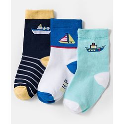 Cute Walk by Babyhug Knit Ankle Length Antibacterial Socks With Boat & Stripes Design Pack Of 3 - Navy Blue & Light Blue
