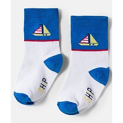 Cute Walk by Babyhug Knit Ankle Length Antibacterial Socks With Boat & Stripes Design Pack Of 3 - Navy Blue & Light Blue