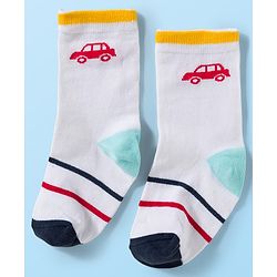 Cute Walk by Babyhug Knit Ankle Length Antibacterial Socks With Vehicle & Stripes Design Pack Of 3 - White