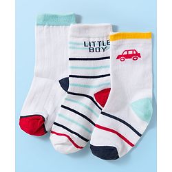 Cute Walk by Babyhug Knit Ankle Length Antibacterial Socks With Vehicle & Stripes Design Pack Of 3 - White