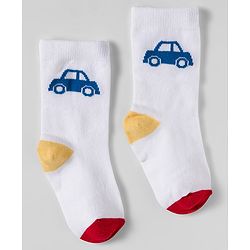 Cute Walk by Babyhug Knit Ankle Length Socks With Vehicle Design Pack Of 3 - White & Blue