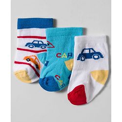 Cute Walk by Babyhug Knit Ankle Length Socks With Vehicle Design Pack Of 3 - White & Blue