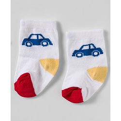 Cute Walk by Babyhug Knit Ankle Length Socks With Vehicle Design Pack Of 3 - White & Blue