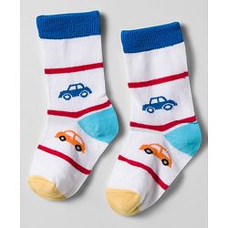 Cute Walk by Babyhug Knit Ankle Length Socks With Vehicle Design Pack Of 3 - White & Blue