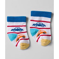 Cute Walk by Babyhug Knit Ankle Length Socks With Vehicle Design Pack Of 3 - White & Blue