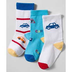 Cute Walk by Babyhug Knit Ankle Length Socks With Vehicle Design Pack Of 3 - White & Blue
