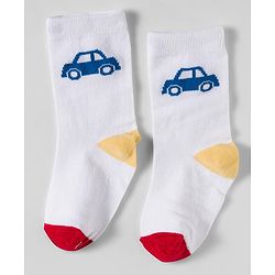 Cute Walk by Babyhug Knit Ankle Length Socks With Vehicle Design Pack Of 3 - White & Blue