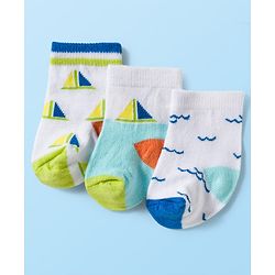 Cute Walk by Babyhug Knit Ankle Length Antibacterial Socks With Sealife Print Pack Of 3 - White & Blue