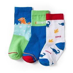 Cute Walk by Babyhug Knit Ankle Length Antibacterial Socks With Dino Print Pack Of 3 - White Blue & Green