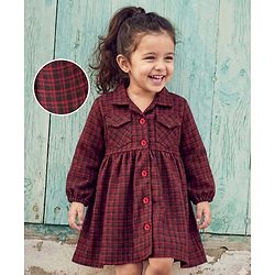 Babyhug Cotton Knit Full Sleeves Checkered Winter Frock - Wine