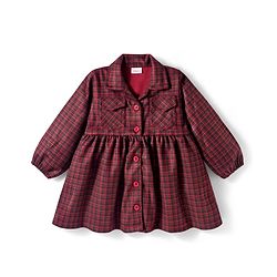Babyhug Cotton Knit Full Sleeves Checkered Winter Frock - Wine
