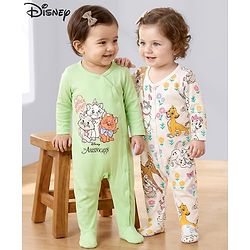 Babyhug Disney Interlock Knit Footed Sleepsuit with Disney Character Graphic Pack of 2 - Light Green & White