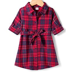 Babyhug Cotton Woven Full Sleeves Shirt Dress & Belt with Checks Print - Red