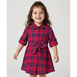 Babyhug Cotton Woven Full Sleeves Shirt Dress & Belt with Checks Print - Red