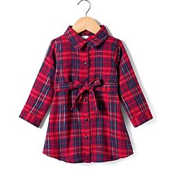 Babyhug Cotton Woven Full Sleeves Shirt Dress & Belt with Checks Print - Red
