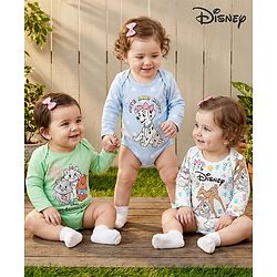 Babyhug Disney Interlock Knit Full Sleeves Onesie with Disney Character Graphic Pack of 3 - Light Blue  White & Light Green