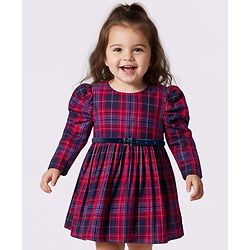 Babyhug Cotton Woven Full Sleeves Winter Frock With Checks & Belt - Purple