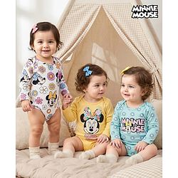Babyhug Disney Interlock Knit Full Sleeves Onesies with Minnie Mouse Graphic Pack of 3 - Yellow Light Blue & White