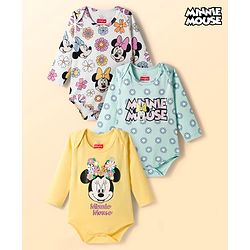 Babyhug Disney Interlock Knit Full Sleeves Onesies with Minnie Mouse Graphic Pack of 3 - Yellow Light Blue & White