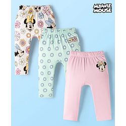 Babyhug Disney Interlock Knit Full Length Diaper Leggings With Minnie Mouse Graphics Pack Of 3 - Pink Light Blue & White