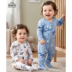 Babyhug Disney Interlock Knit Full Sleeves Sleepsuits With Space Theme Print Pack of 2 - White & Blue