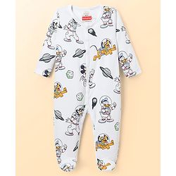 Babyhug Disney Interlock Knit Full Sleeves Sleepsuits With Space Theme Print Pack of 2 - White & Blue