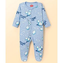 Babyhug Disney Interlock Knit Full Sleeves Sleepsuits With Space Theme Print Pack of 2 - White & Blue
