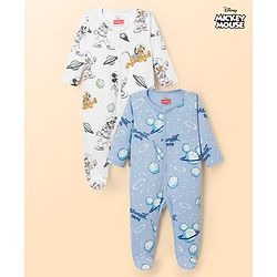 Babyhug Disney Interlock Knit Full Sleeves Sleepsuits With Space Theme Print Pack of 2 - White & Blue