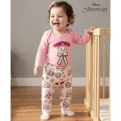 Babyhug Disney Interlock Knit Full Sleeves Onesie with Diaper Legging & Marie Graphic - Pink & White