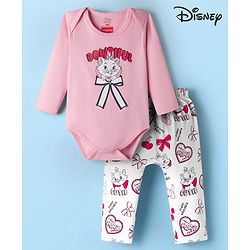 Babyhug Disney Interlock Knit Full Sleeves Onesie with Diaper Legging & Marie Graphic - Pink & White