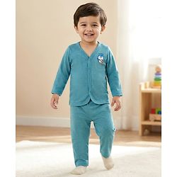 Babyhug Single Jersey Knit Full Sleeves T-Shirt & Pant Set With Bird Print - Teal Blue
