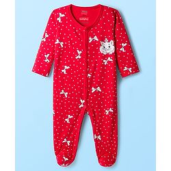 Babyhug Disney Interlock Knit Full Sleeves Footed Sleepsuit With Marie Graphics Pack Of 2 - Red & White