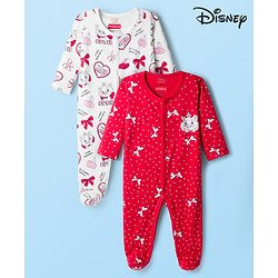 Babyhug Disney Interlock Knit Full Sleeves Footed Sleepsuit With Marie Graphics Pack Of 2 - Red & White