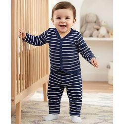 Babyhug Single Jersey Knit Full Sleeves Co-ords T-Shirt & Lounge Pant Set with Stripes - Navy Blue
