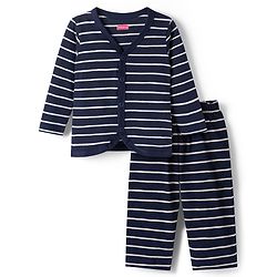 Babyhug Single Jersey Knit Full Sleeves Co-ords T-Shirt & Lounge Pant Set with Stripes - Navy Blue