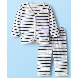Babyhug Single Jersey Knit Full Sleeves Co-ords T-Shirt & Lounge Pant Set with Stripes - White