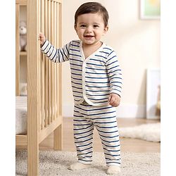 Babyhug Single Jersey Knit Full Sleeves Co-ords T-Shirt & Lounge Pant Set with Stripes - White