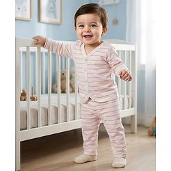 Babyhug Single Jersey Knit Full Sleeves Co-ords T-Shirt & Lounge Pant Set with Stripes - White