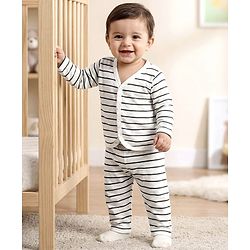 Babyhug Single Jersey Knit Full Sleeves Co-ords T-Shirt & Lounge Pant Set with Stripes - White