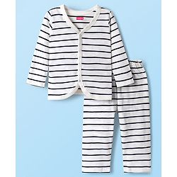 Babyhug Single Jersey Knit Full Sleeves Co-ords T-Shirt & Lounge Pant Set with Stripes - White