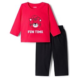 Babyhug Single Jersey Knit Full Sleeves T-Shirt & Lounge Pant Set with Tiger Print - Red & Black