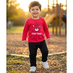 Babyhug Single Jersey Knit Full Sleeves T-Shirt & Lounge Pant Set with Tiger Print - Red & Black