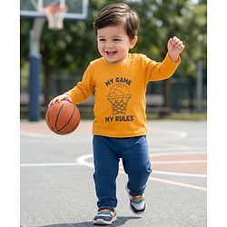 Babyhug Single Jersey Knit Full Sleeves T-Shirt & Pant Set With Basketball Print - Mustard & Navy Blue