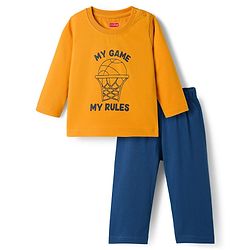 Babyhug Single Jersey Knit Full Sleeves T-Shirt & Pant Set With Basketball Print - Mustard & Navy Blue